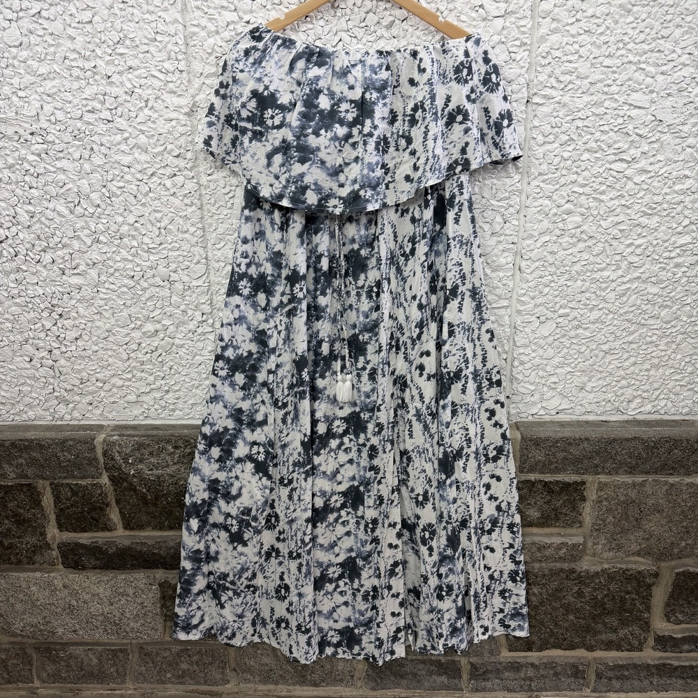 Japna Dress Womens L Blue Tie Dye Sleeveless Off Shoulder Ruffle Maxi Sundress